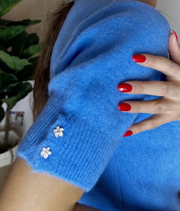 Kurzarm blauer Strick-Pullover – Bild 2