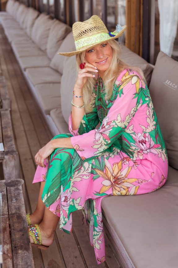Place-du-Soleil-online-shop langes grün pinkes Kleid