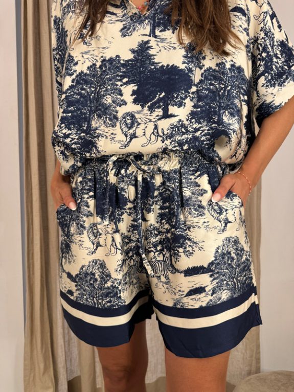 Kurze Hose – Toile de Jouy in Dunkelblau