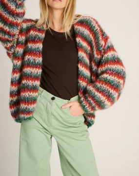 Valeintine cardigan rot, grün und beige gestrift