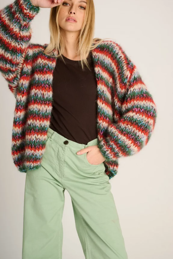 Valeintine cardigan rot, grün und beige gestrift