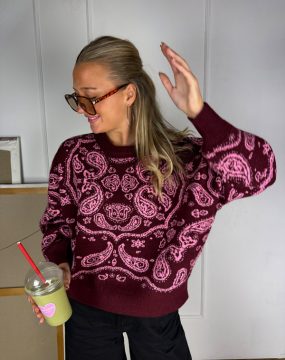  Bordeaux-Pullover mit Neon-Paisleymuster