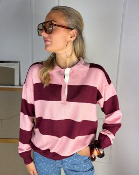 Gestreifter Pullover mit Reverkragen in Bordeaux & Rosa