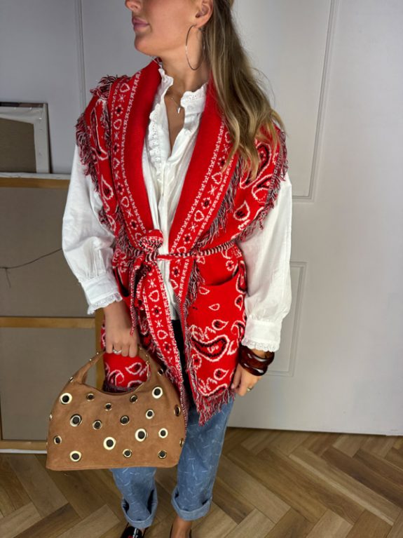 Ärmellose Strickjacke im Boho-Stil – Rot mit Paisley-Muster – Bild 2
