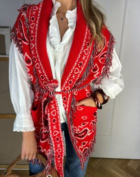 Ärmellose Strickjacke im Boho-Stil – Rot mit Paisley-Muster