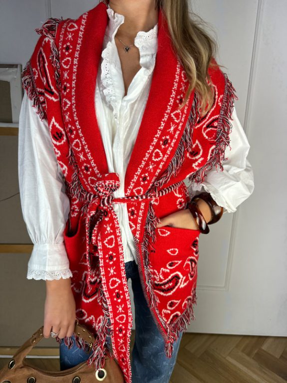 Ärmellose Strickjacke im Boho-Stil – Rot mit Paisley-Muster