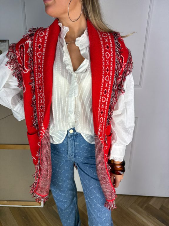 Ärmellose Strickjacke im Boho-Stil – Rot mit Paisley-Muster – Bild 4