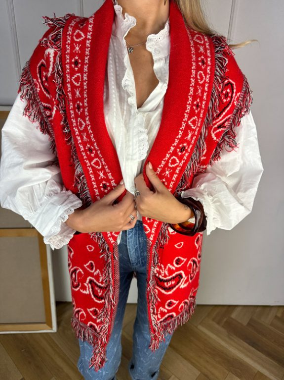 Ärmellose Strickjacke im Boho-Stil – Rot mit Paisley-Muster – Bild 3
