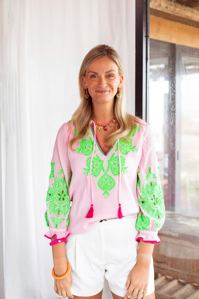 Place du Soleil rosa Bluse mit neon Stickerei