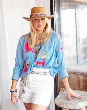 Place du Soleil Bluse mit Tiger Stickerei