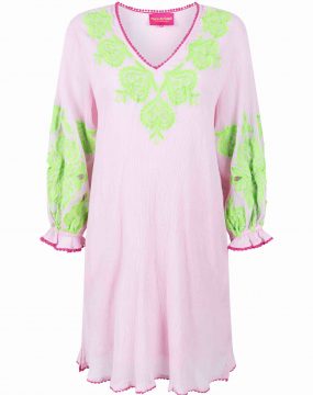 rosa Sommer Kleid mit grüner neon Stickerei