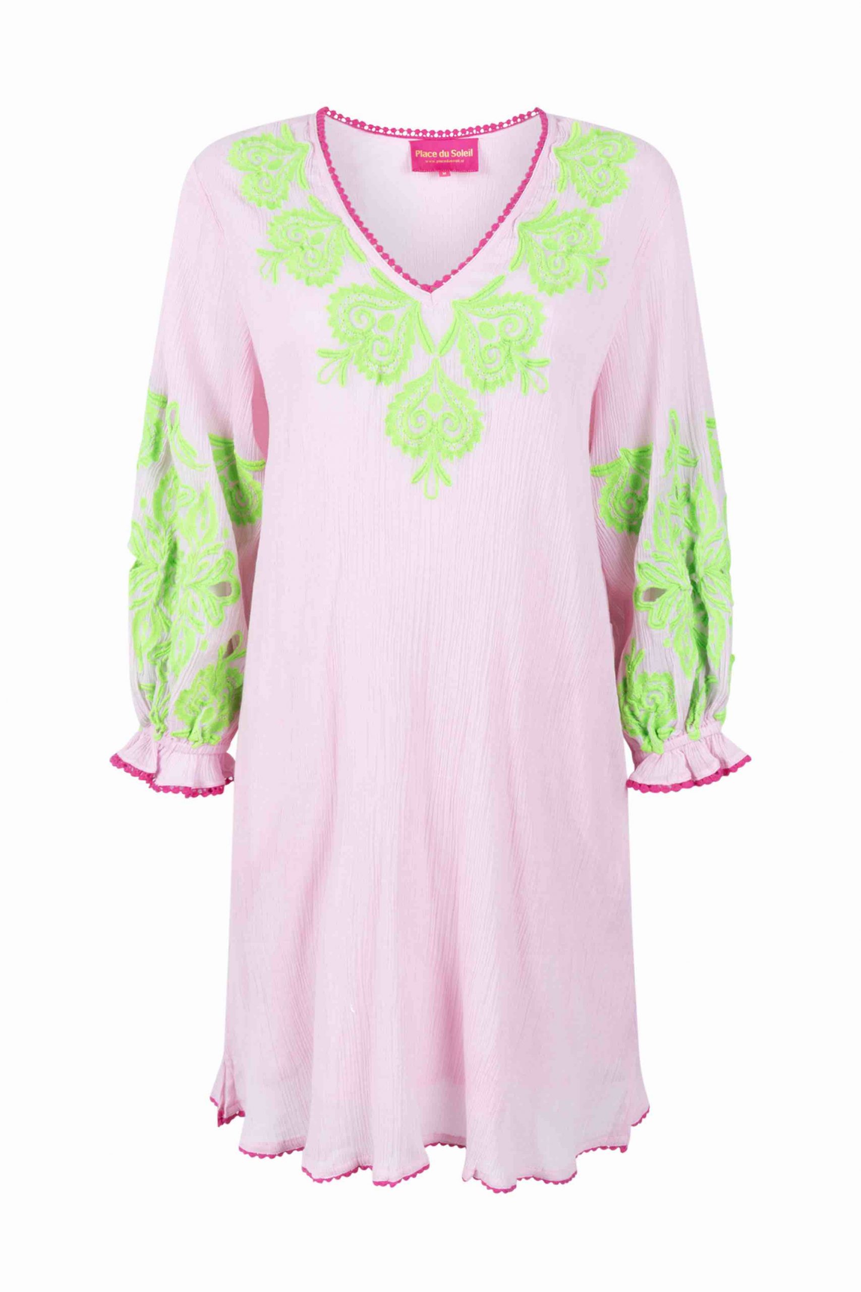rosa Sommer Kleid mit grüner neon Stickerei