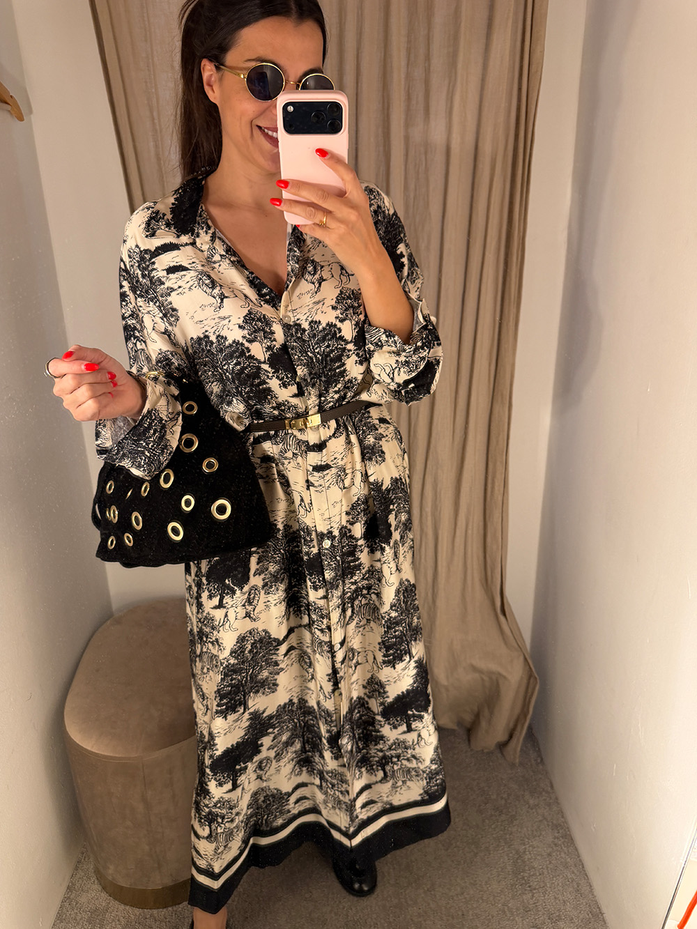 Toile de Jouy Kleid mit Knöpfen off white schwarz