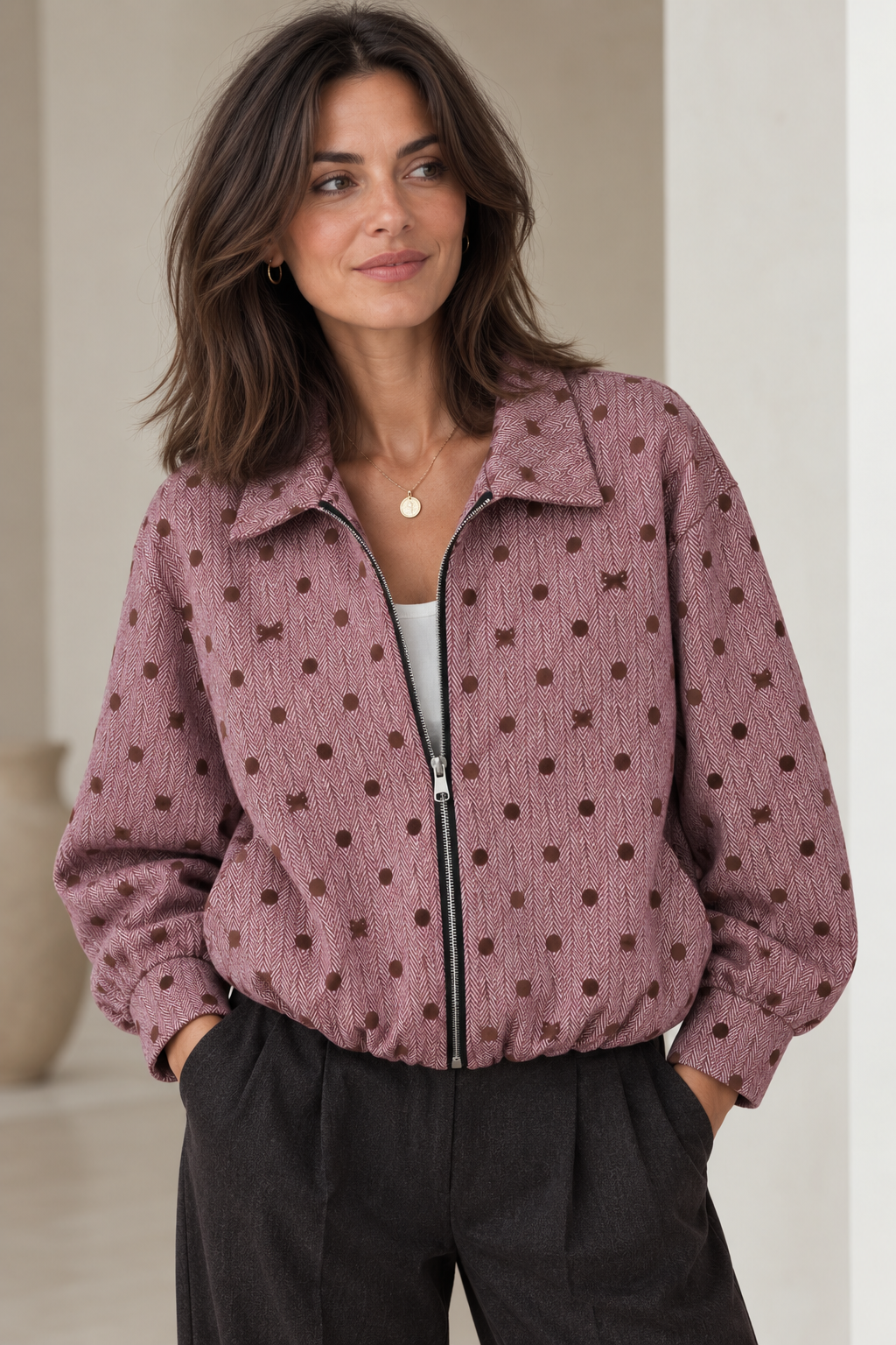 Jacke Rosa mit Fischgrätenmuster & Punkten – Bild 2